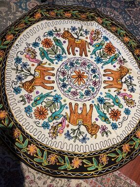 Classic Multicolor Embroidered Elephant Medallion Tapestry